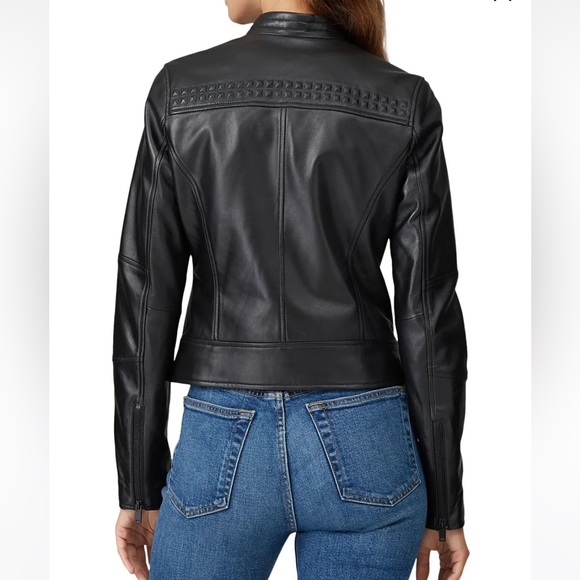 Slate & Willow Embossed Studs Moto Black 100% Leather Jacket Zipper Pockets XS/S - Picture 5 of 16